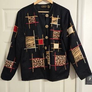 Allure Vintage jacket button front black animal print size large SEE CONDITION